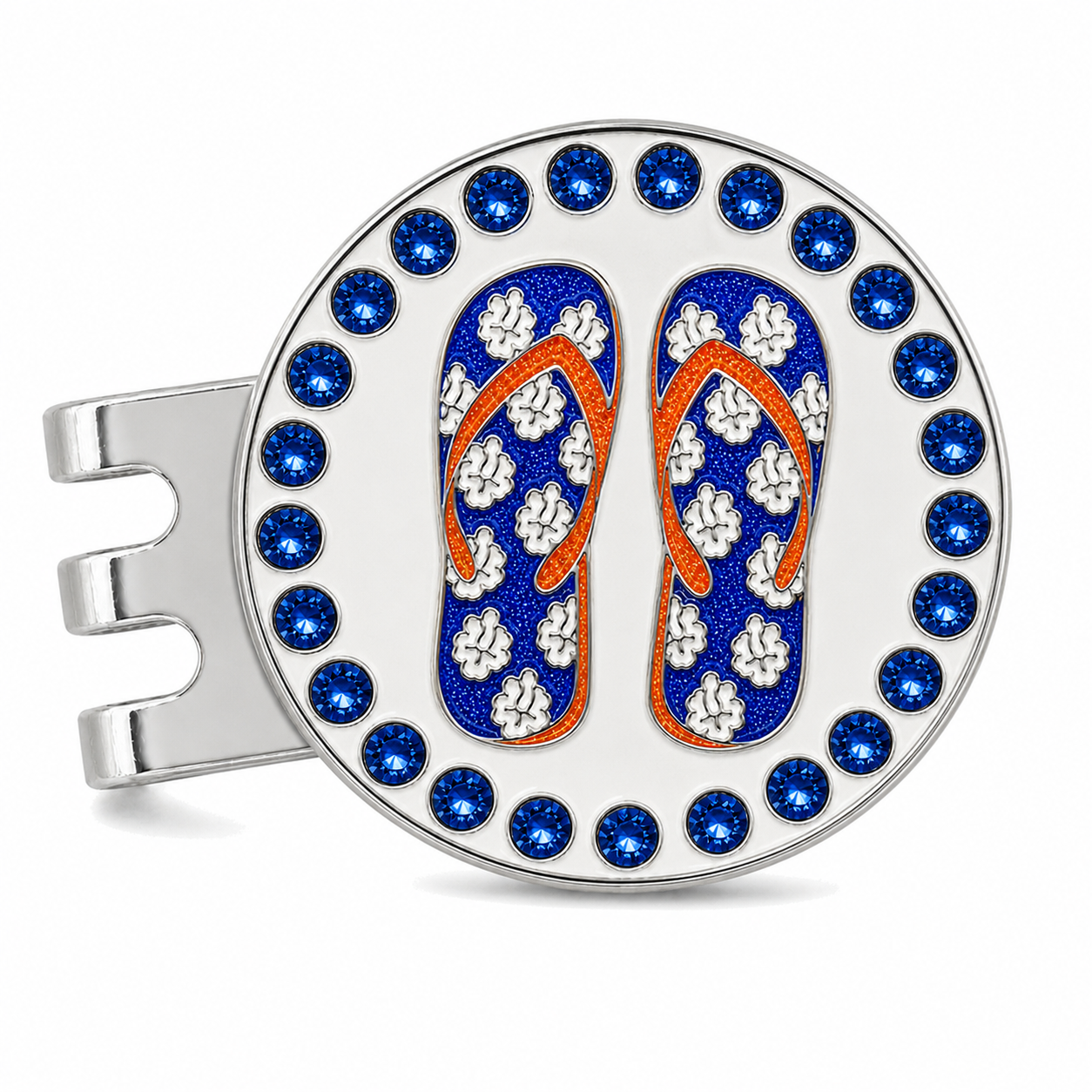 Bright Golf Blue Flip Flops 25 mm golf ball marker with magnetic hat clip, blue rhinestone border and glitter design