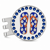 Bright Golf Blue Flip Flops 25 mm golf ball marker with magnetic hat clip, blue rhinestone border and glitter design