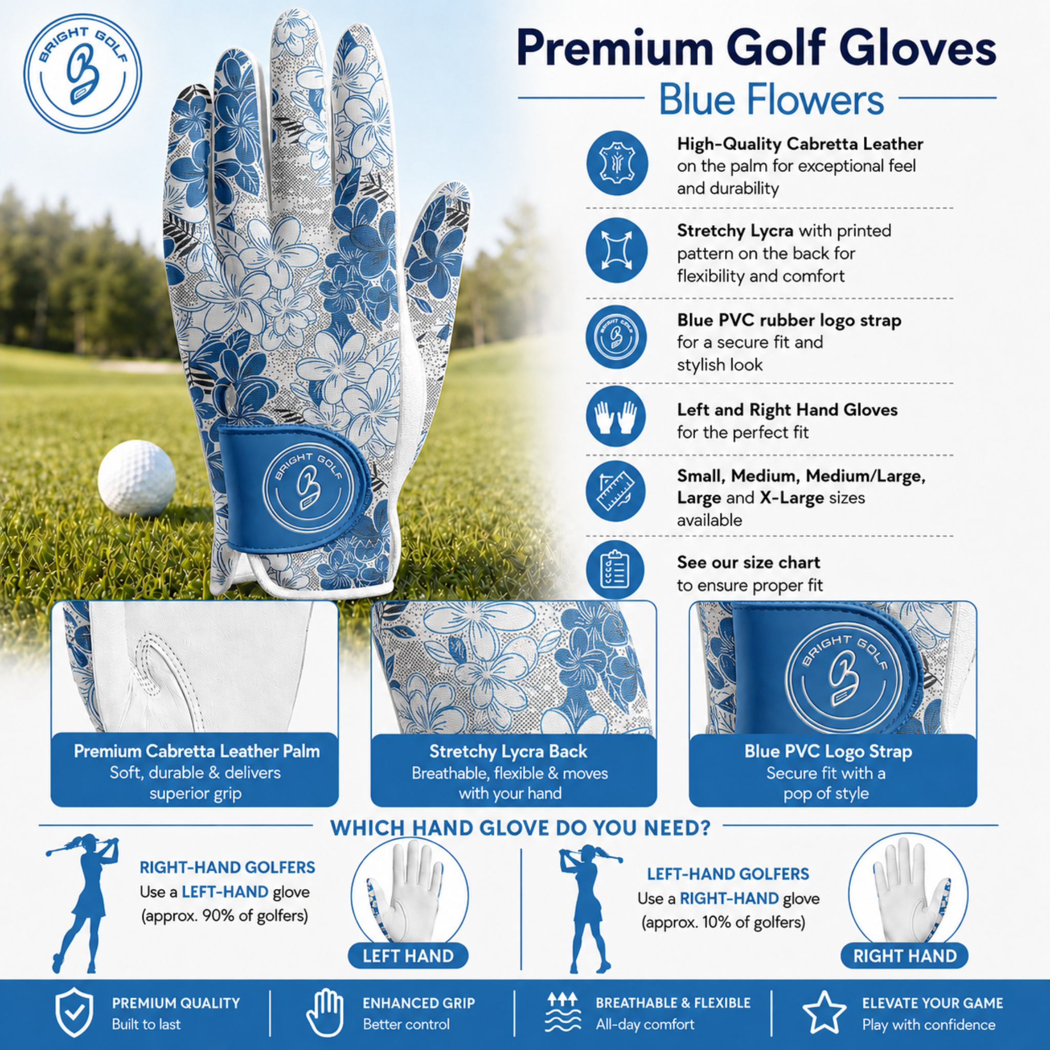 Women's Golf Glove Blue Flowers