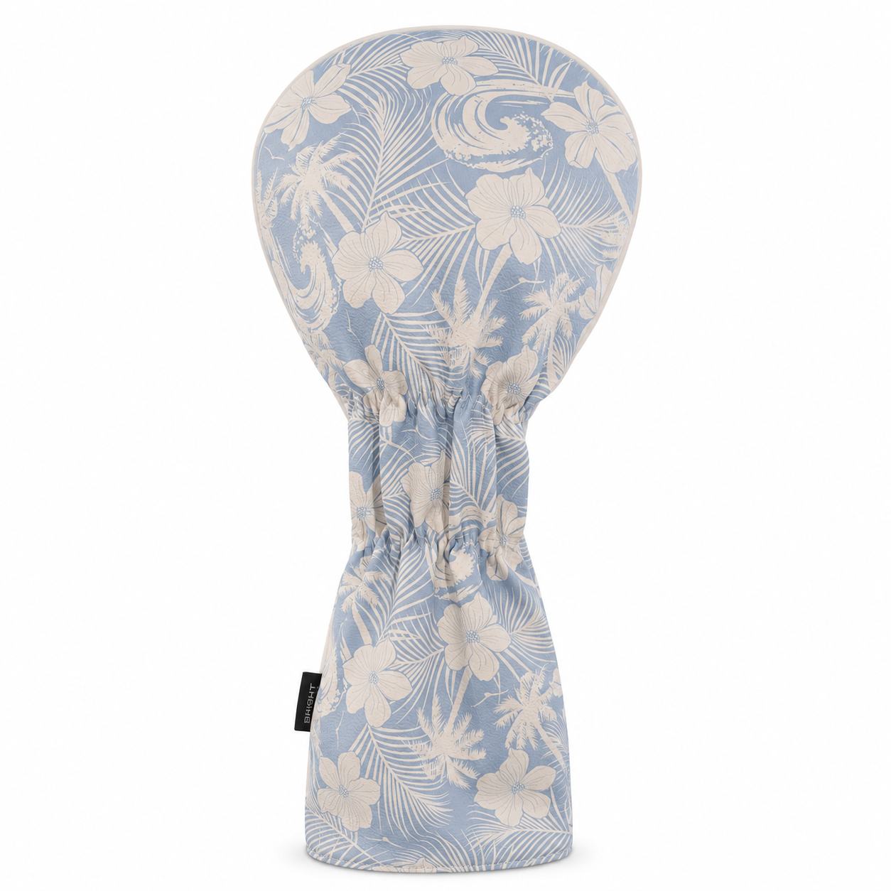 Blue Waves golf driver headcover back view with light blue floral and palm-leaf pattern