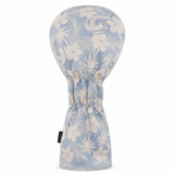 Blue Waves golf driver headcover back view with light blue floral and palm-leaf pattern