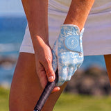 Bright Golf Blue Waves Golf Glove Worn By Woman Golfer Gripping Golf Club