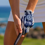 Woman wearing a Blue Plaid women’s golf glove while holding a golf club