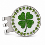 Bright Golf Lucky Clover 25 mm golf ball marker with magnetic hat clip, green rhinestone border and glitter design