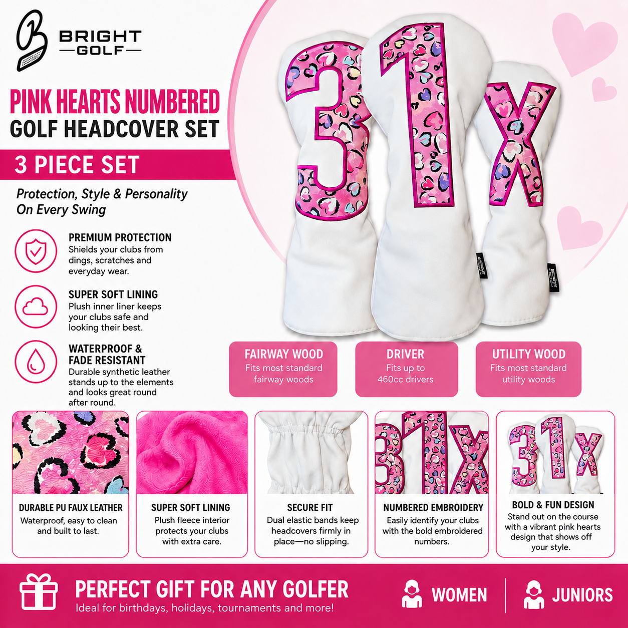 Pink Hearts Number 1 Golf Club Driver Headcover