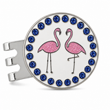 Bright Golf Pink Flamingo 25 mm golf ball marker with magnetic hat clip, blue rhinestone border and glitter design