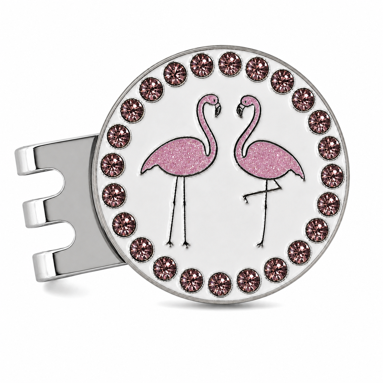 Bright Golf Pink Flamingo 25 mm golf ball marker with magnetic hat clip and pink rhinestone border