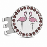Bright Golf Pink Flamingo 25 mm golf ball marker with magnetic hat clip and pink rhinestone border