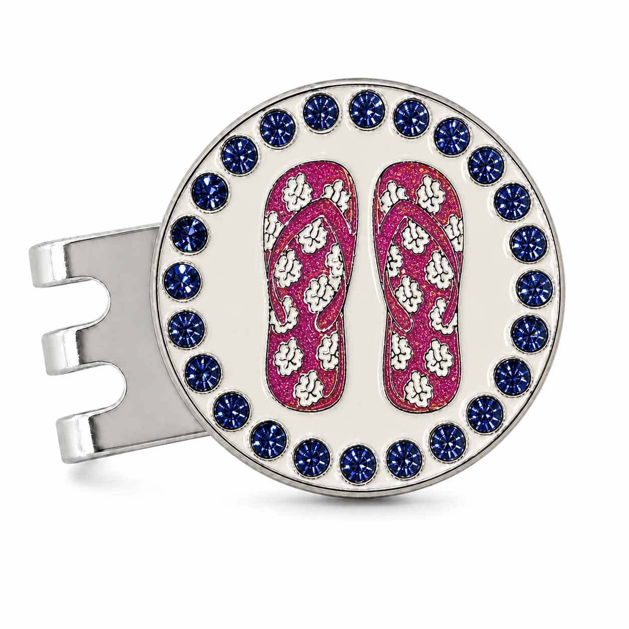 Bright Golf Pink Flip Flops 25 mm golf ball marker with magnetic hat clip, rhinestone border and glitter design
