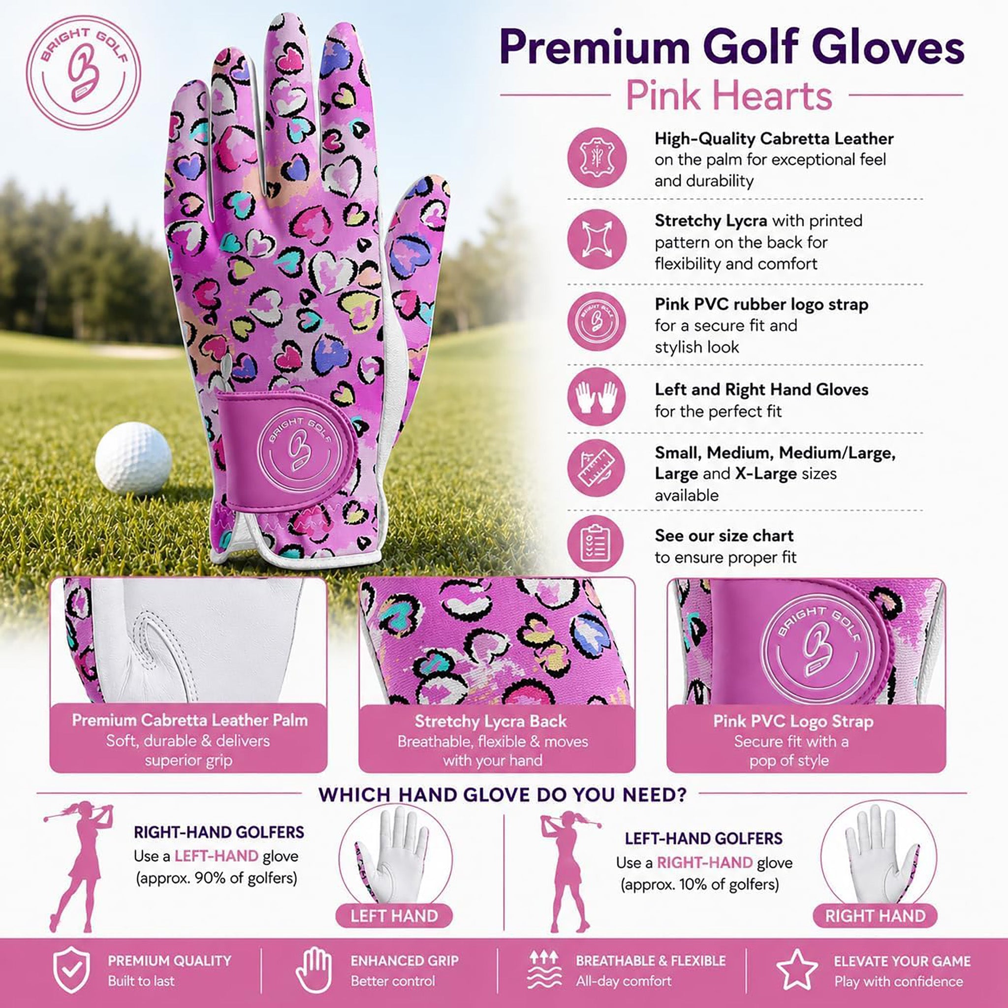 Women's Golf Glove Pink Hearts