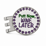 Bright Golf Putt Now Wine Later 25 mm golf ball marker with magnetic hat clip and violet rhinestone border