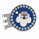 Bright Golf Santa 25 mm golf ball marker with magnetic hat clip, rhinestone border and blue glitter background