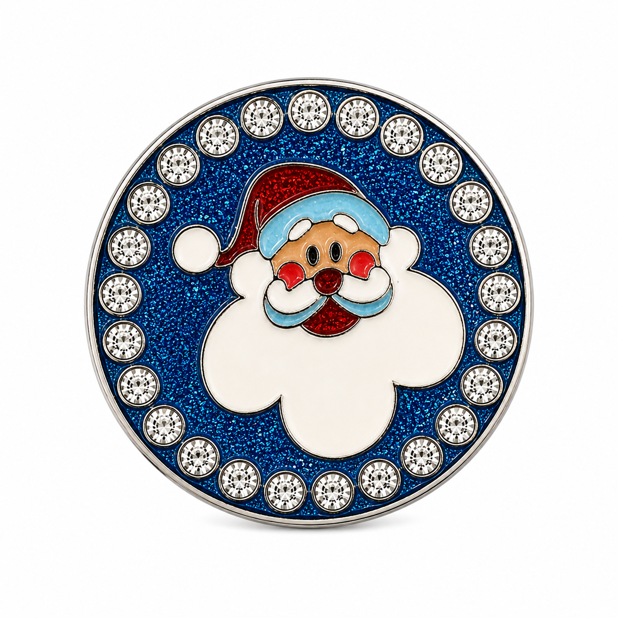 Bright Golf Santa 25 mm golf ball marker with rhinestone border and blue glitter background