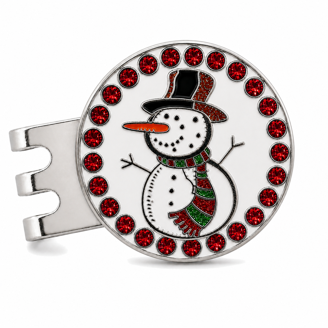 Bright Golf Snowman 25 mm golf ball marker with magnetic hat clip, red rhinestone border and glitter design