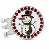 Bright Golf Snowman 25 mm golf ball marker with magnetic hat clip, red rhinestone border and glitter design