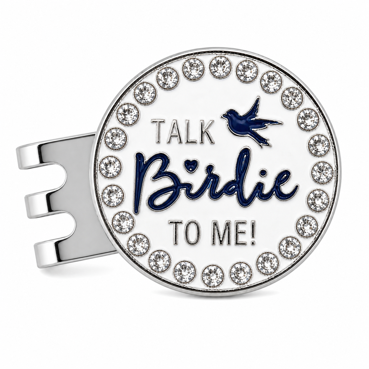 Bright Golf Talk Birdie To Me 25 mm golf ball marker with magnetic hat clip and rhinestone border