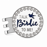 Bright Golf Talk Birdie To Me 25 mm golf ball marker with magnetic hat clip and rhinestone border
