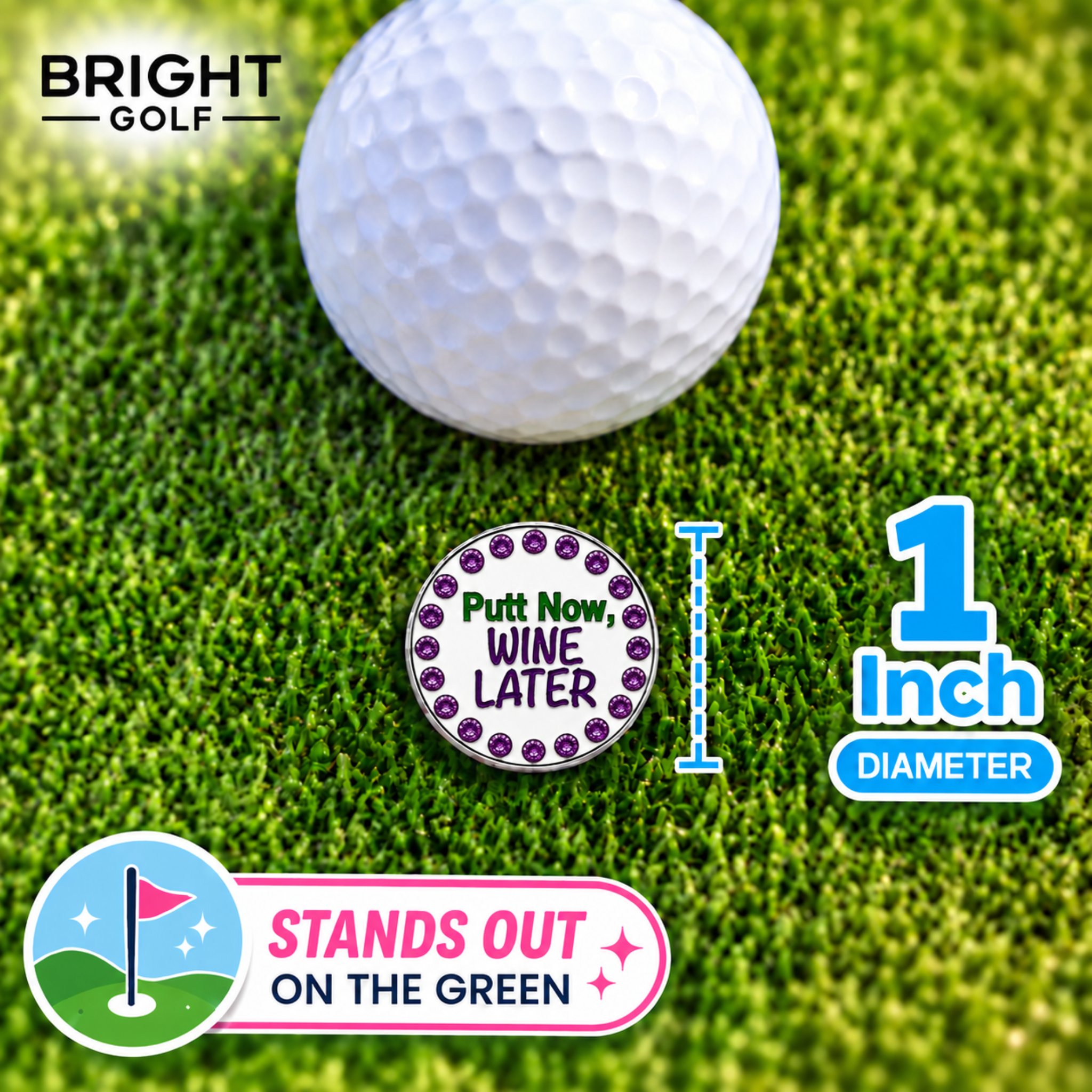 Putt Now Wine Later Golf Ball Marker Size Infographic