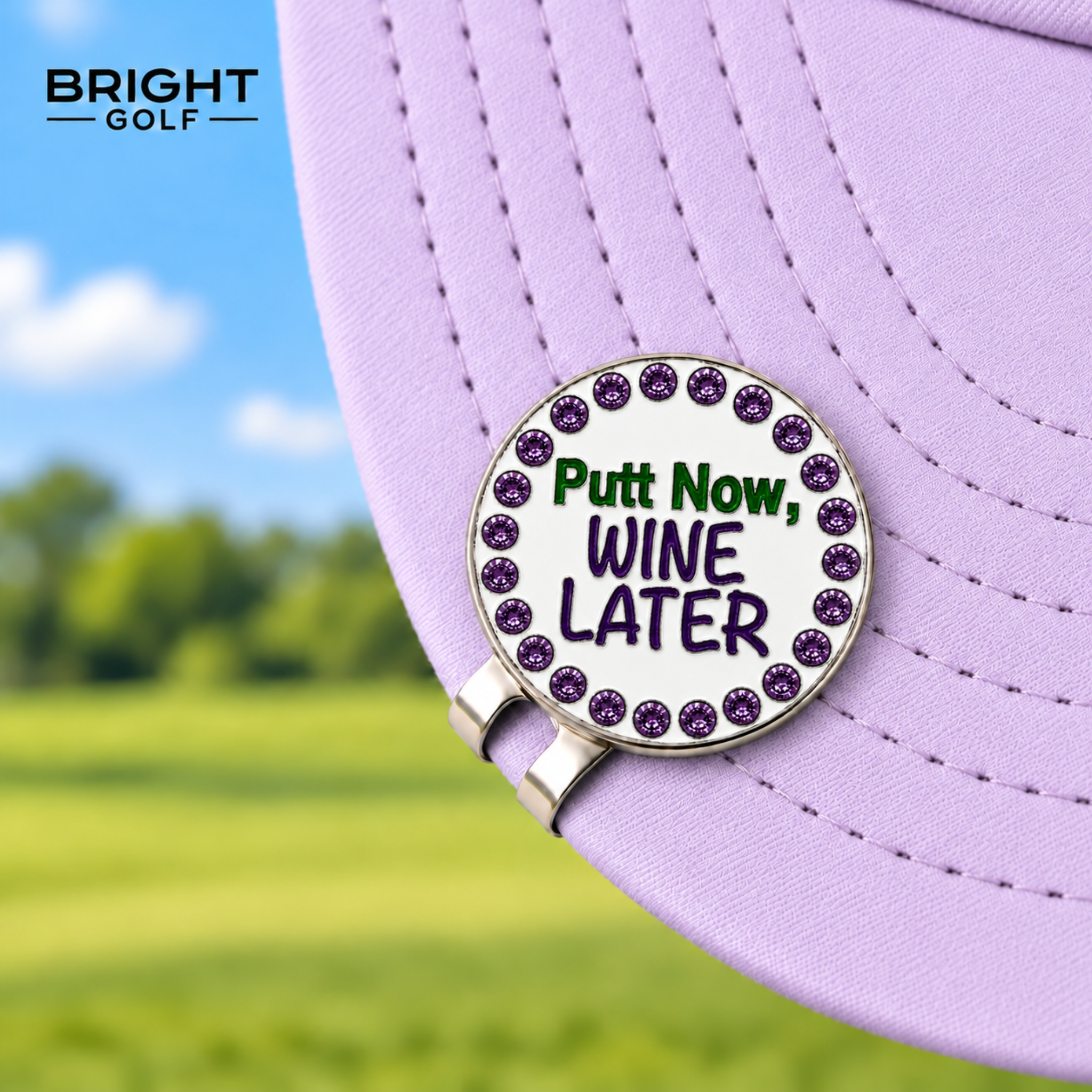 Bright Golf Putt Now Wine Later Violet Rhinestones With Hat Clip On Hat