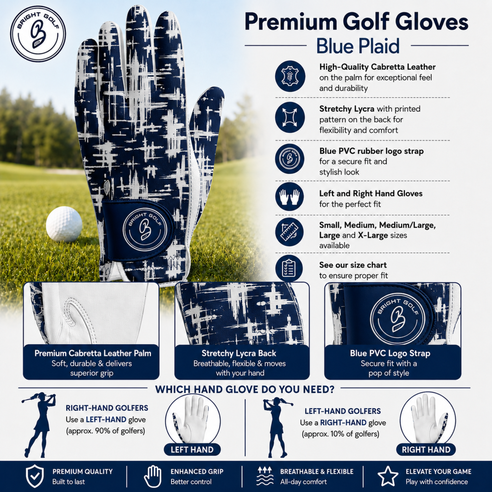 Women's Golf Glove Blue Plaid