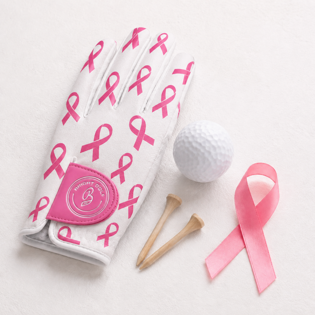 Blue floral golf glove, golf ball, tees and a pink awareness ribbon